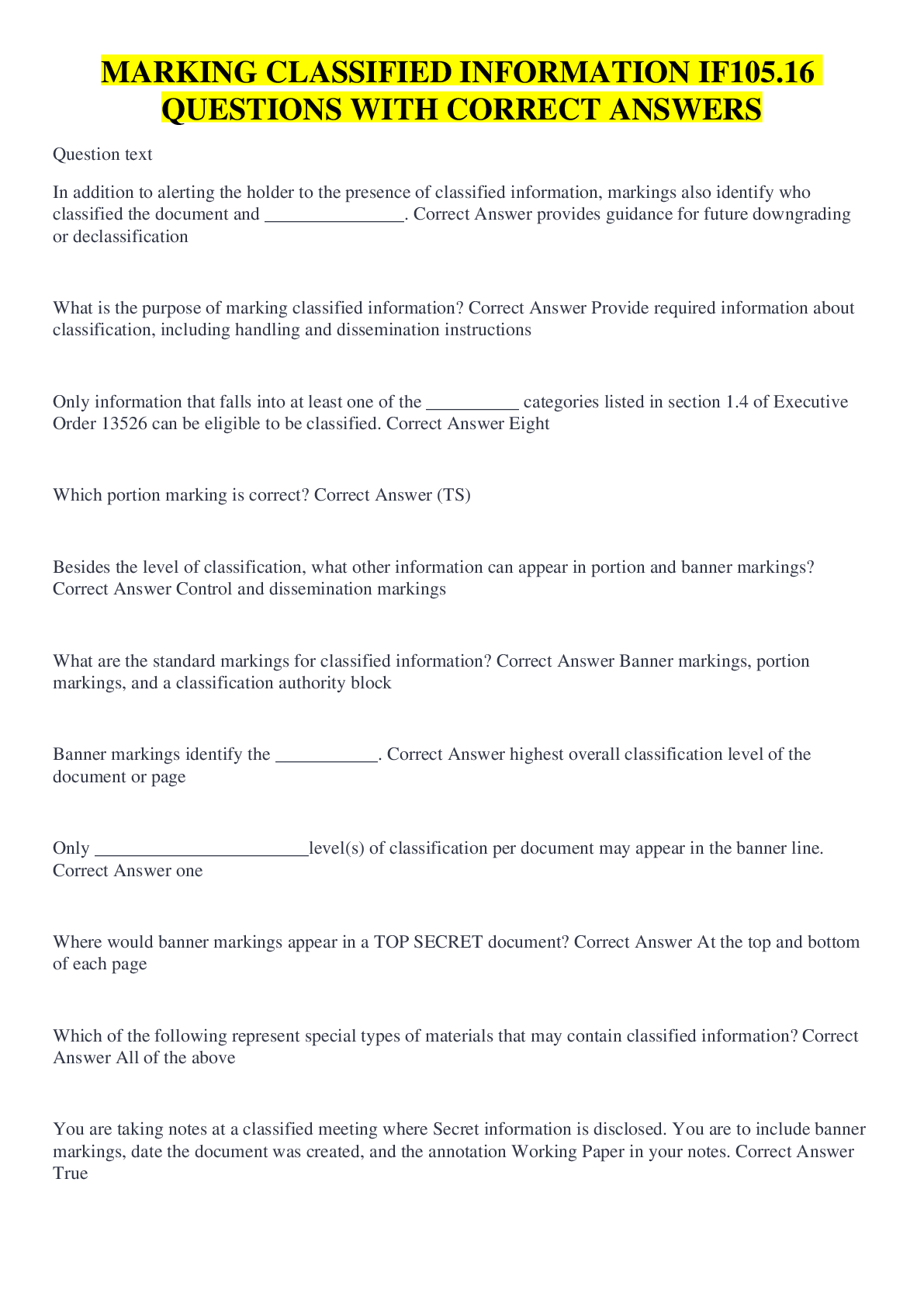 Preview image for MARKING CLASSIFIED INFORMATION IF105.16 QUESTIONS WITH CORRECT ANSWERS